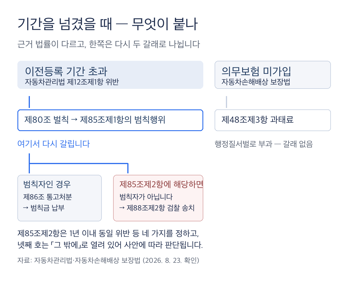 자동차 명의이전 기간을 넘겼을 때의 제재가 범칙금과 검찰 송치로 갈리는 구조와 의무보험 과태료와의 차이를 나타낸 도식